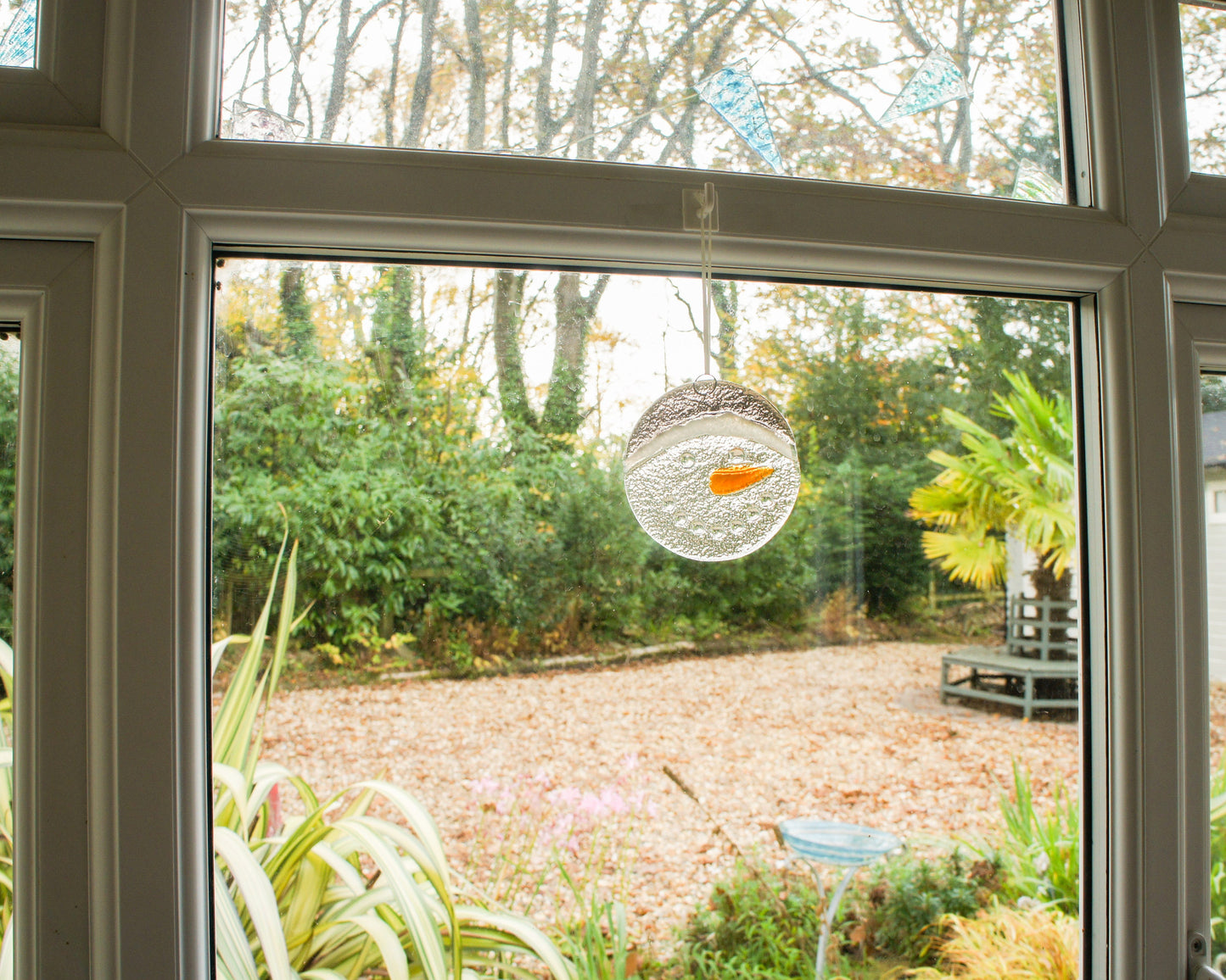 Snowman Suncatcher 12cm(5") grey hat | Christmas Glass Hanging Window Decoration | Fused Glass Suncatcher snowman hanging