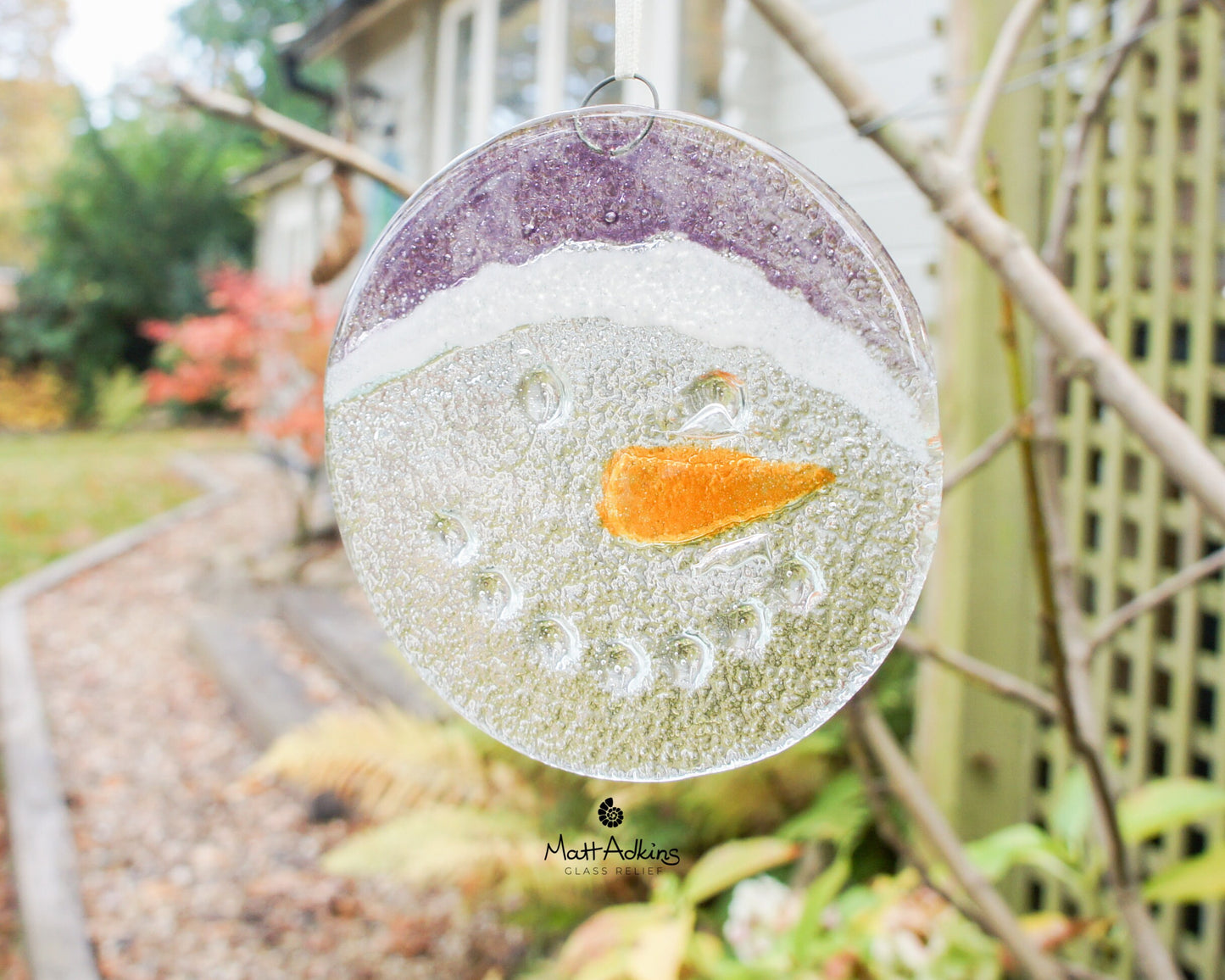 Snowman Suncatcher 12cm(5") purple hat | Christmas lilac Glass Hanging Window Decoration | Fused Glass Suncatcher snowman hanging