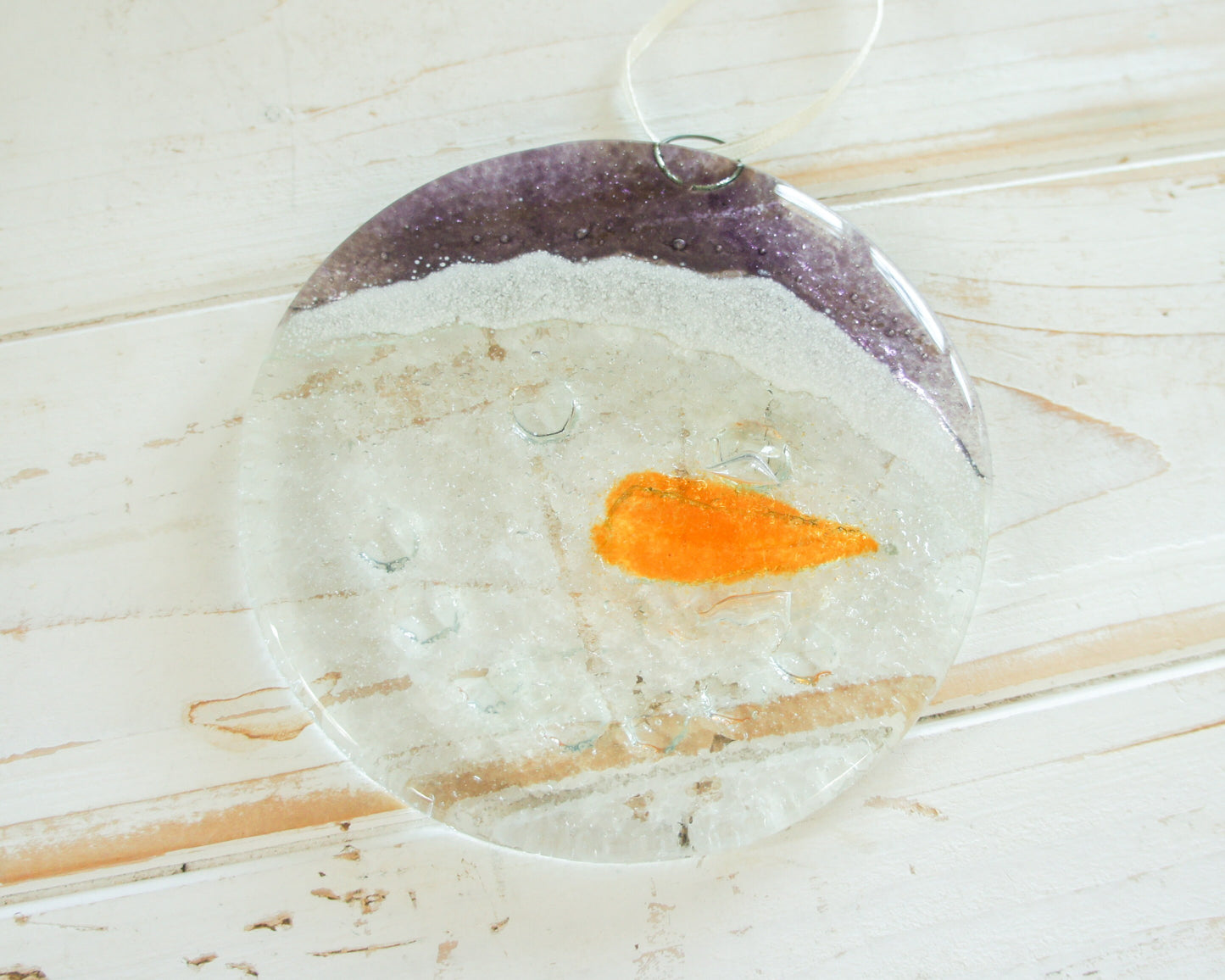 Snowman Suncatcher 12cm(5") purple hat | Christmas lilac Glass Hanging Window Decoration | Fused Glass Suncatcher snowman hanging