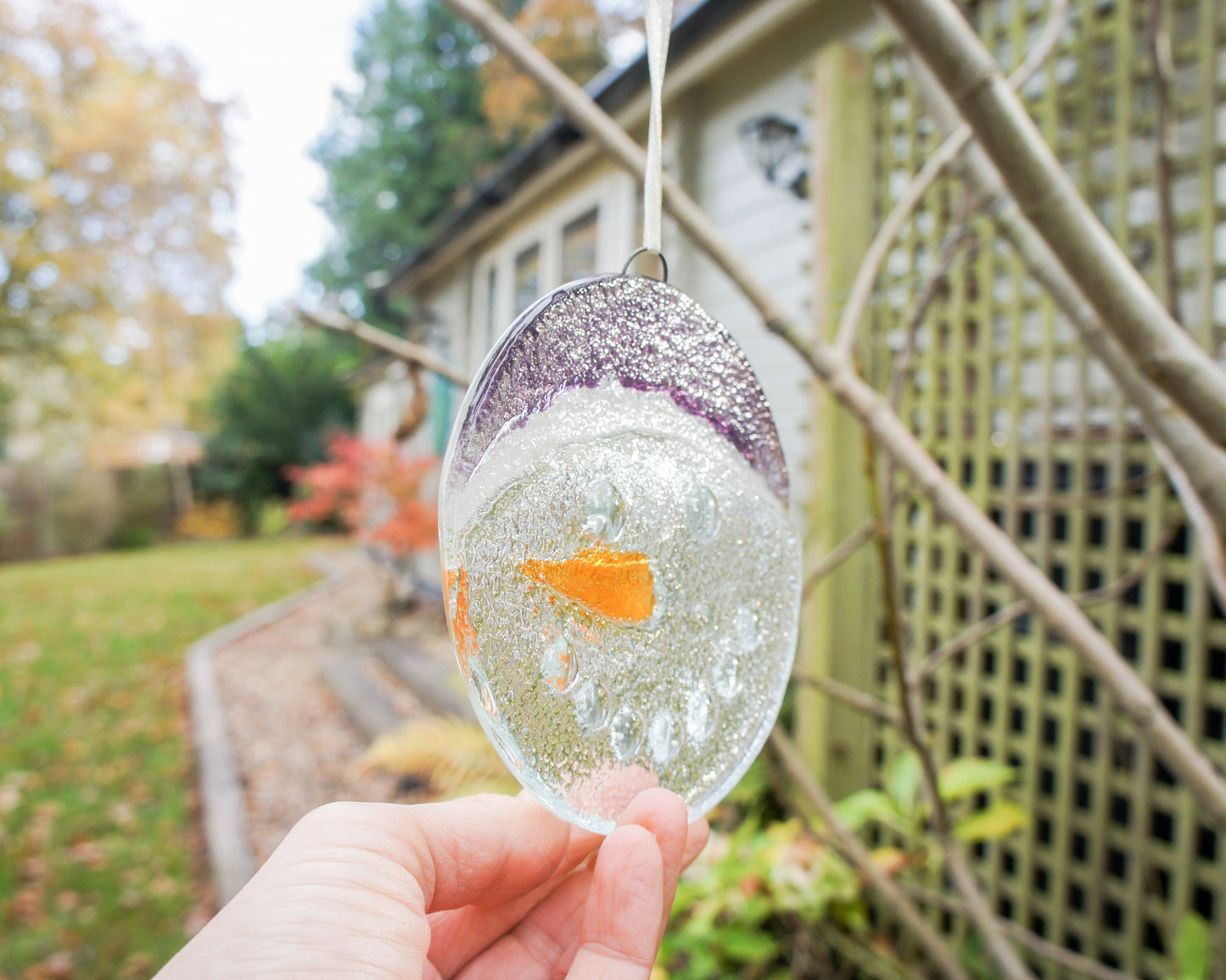 Snowman Suncatcher 12cm(5") purple hat | Christmas lilac Glass Hanging Window Decoration | Fused Glass Suncatcher snowman hanging