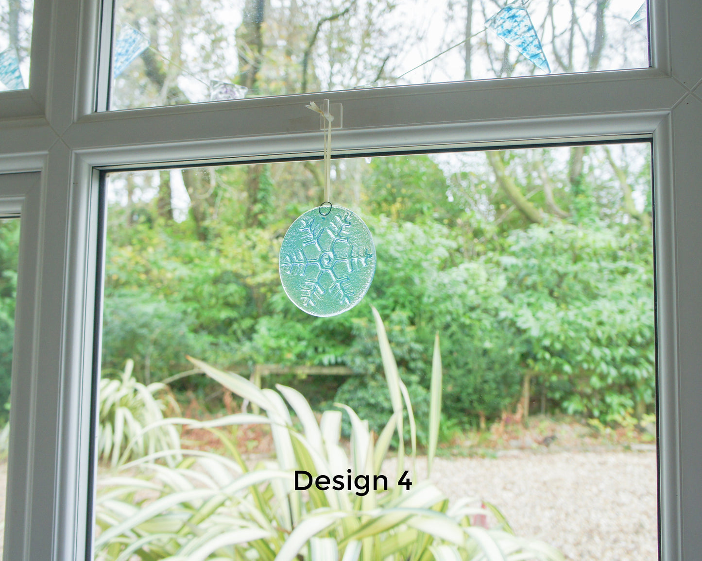 Snowflake Suncatcher 12cm(5") Turquoise and/or Clear Design 4 | Snowflake Winter Christmas Glass Hanging Window Decor | Fused Glass Round