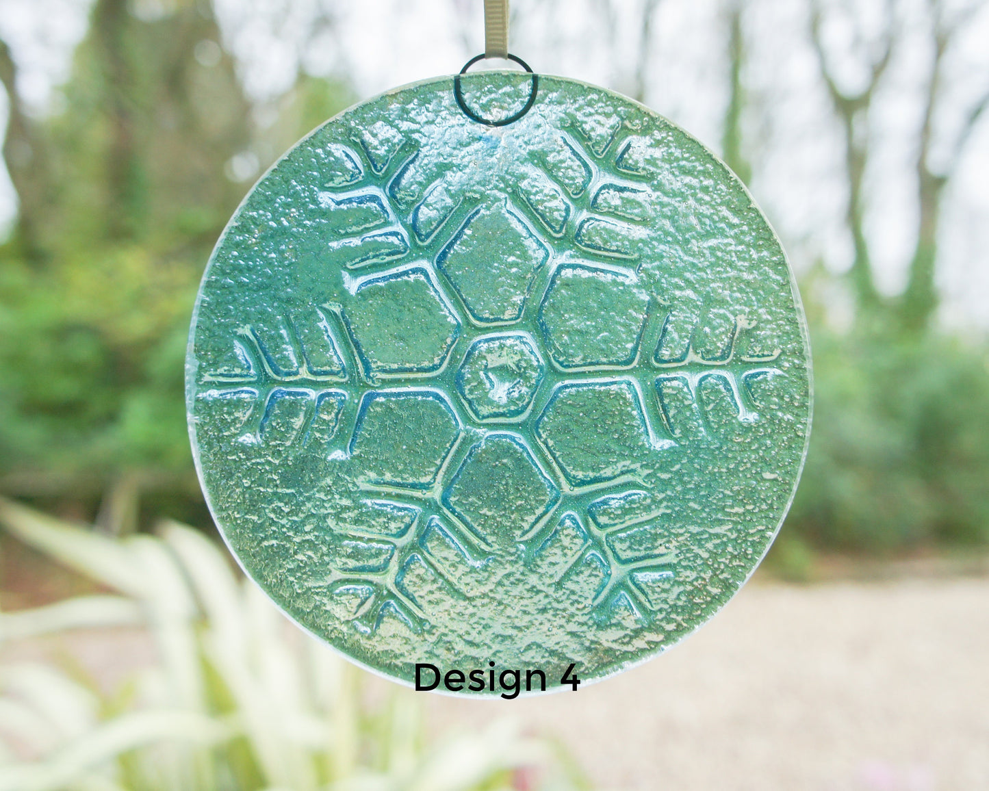 Snowflake Suncatcher 12cm(5") Turquoise and/or Clear Design 4 | Snowflake Winter Christmas Glass Hanging Window Decor | Fused Glass Round
