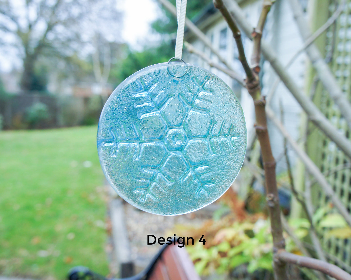 Snowflake Suncatcher 12cm(5") Turquoise and/or Clear Design 4 | Snowflake Winter Christmas Glass Hanging Window Decor | Fused Glass Round