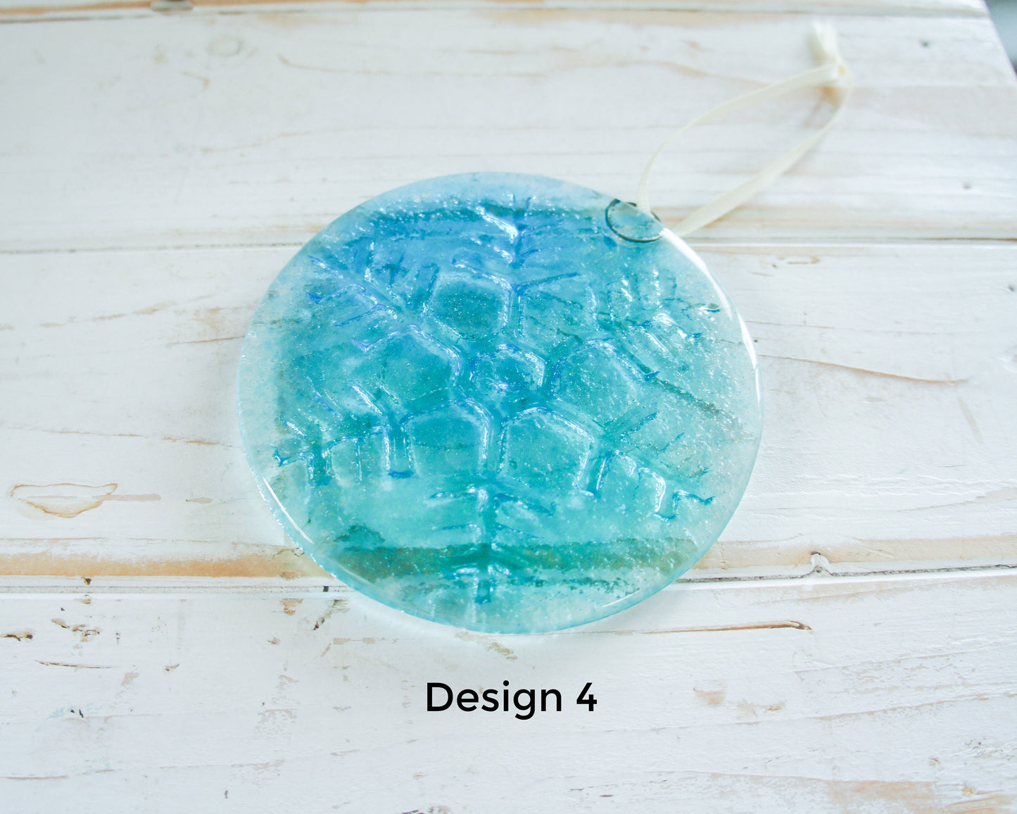 Snowflake Suncatcher 12cm(5") Turquoise and/or Clear Design 4 | Snowflake Winter Christmas Glass Hanging Window Decor | Fused Glass Round
