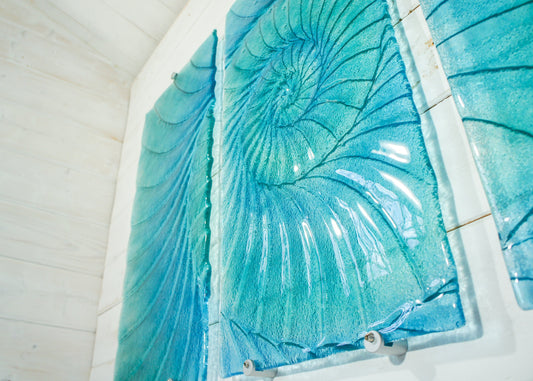 Triptych Ammonnite Panels OVERALL 100x60cm (40x23") Blue/Turquoise, Each Panel 30x60cm (12x23") Large Portrait Fossil Fused Glass Wall Art