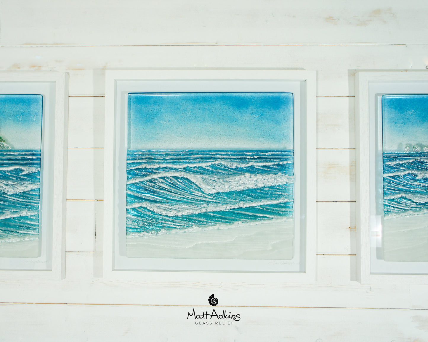 Triptych Wave Frames including 2 at 25cmx45cm(10x17") + 1 at 45x45cm(17x17") | 3 Wave Large Sea Beach Lighthouse Fused Glass Frames