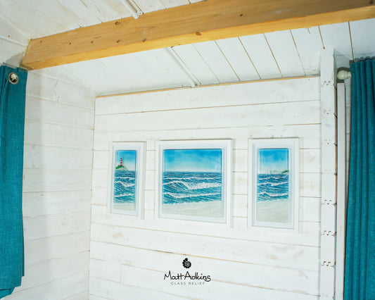 Triptych Wave Frames including 2 at 25cmx45cm(10x17") + 1 at 45x45cm(17x17") | 3 Wave Large Sea Beach Lighthouse Fused Glass Frames