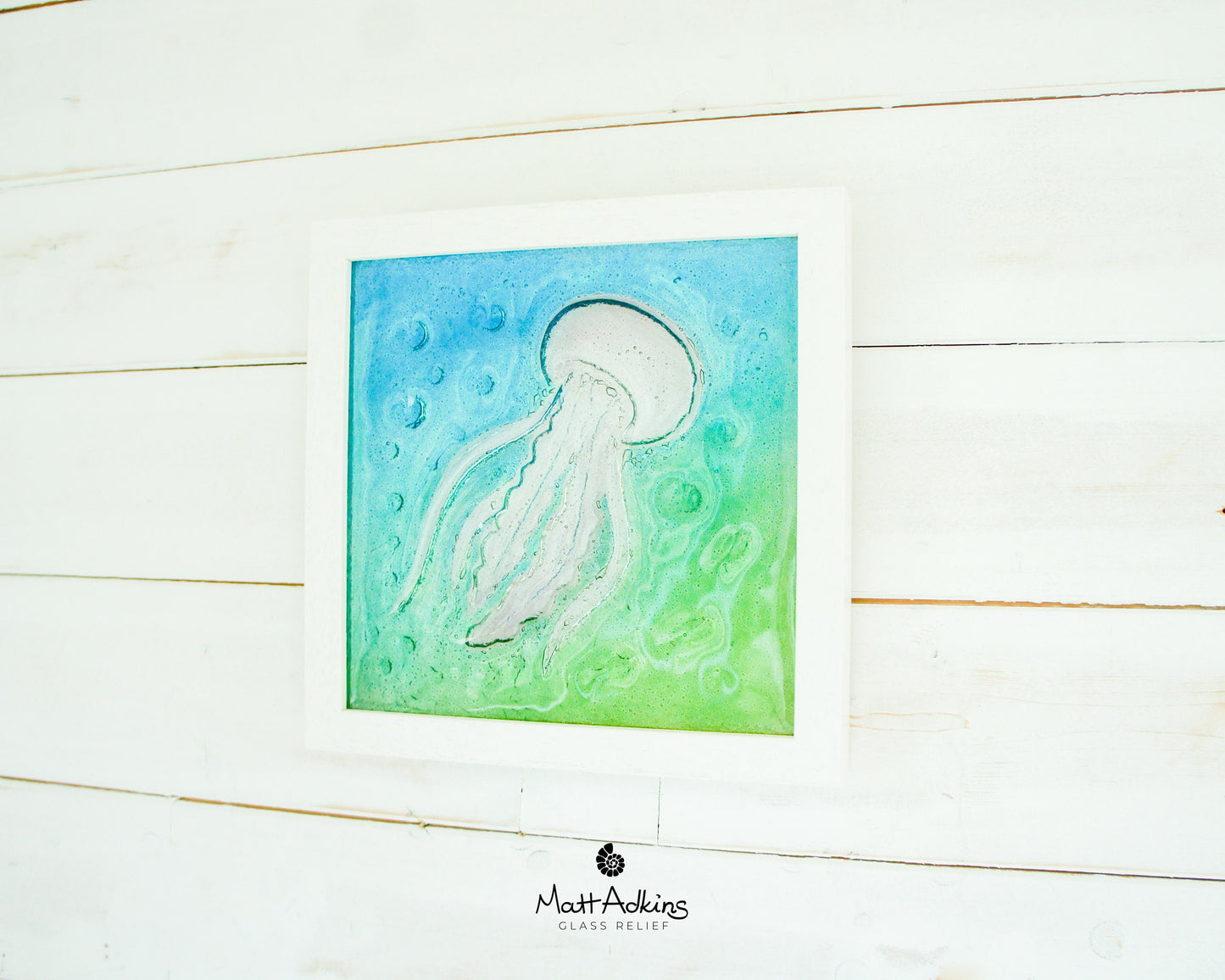 Jellyfish Glass Art 25x25cm (10"x10") | Blue Turquoise Green Jellyfish Glass Framed Picture | Sea Animal Coastal Wall Art