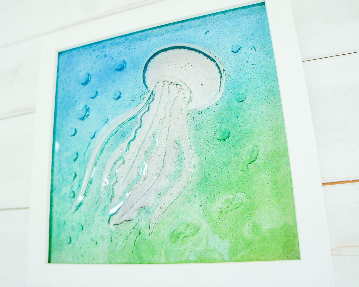 Jellyfish Glass Art 25x25cm (10"x10") | Blue Turquoise Green Jellyfish Glass Framed Picture | Sea Animal Coastal Wall Art