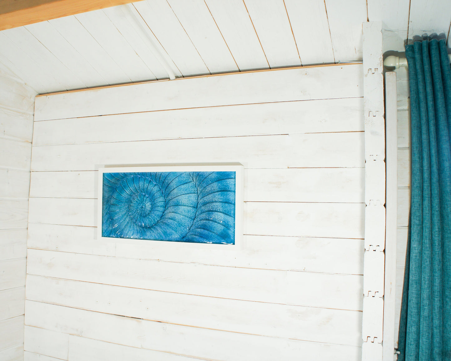 Large Ammonite Frame 60x30cm (23"x12"), Dark Blue & Blue Large Panoramic Glass Wall Art, Landscape Fossil Nautilus Fused Glass