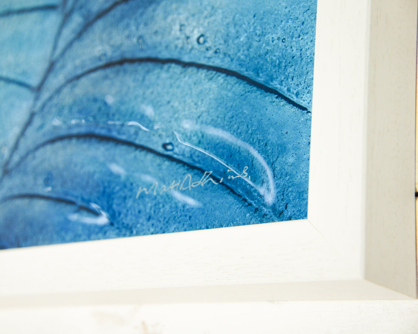 Large Ammonite Frame 60x30cm (23"x12"), Dark Blue & Blue Large Panoramic Glass Wall Art, Landscape Fossil Nautilus Fused Glass