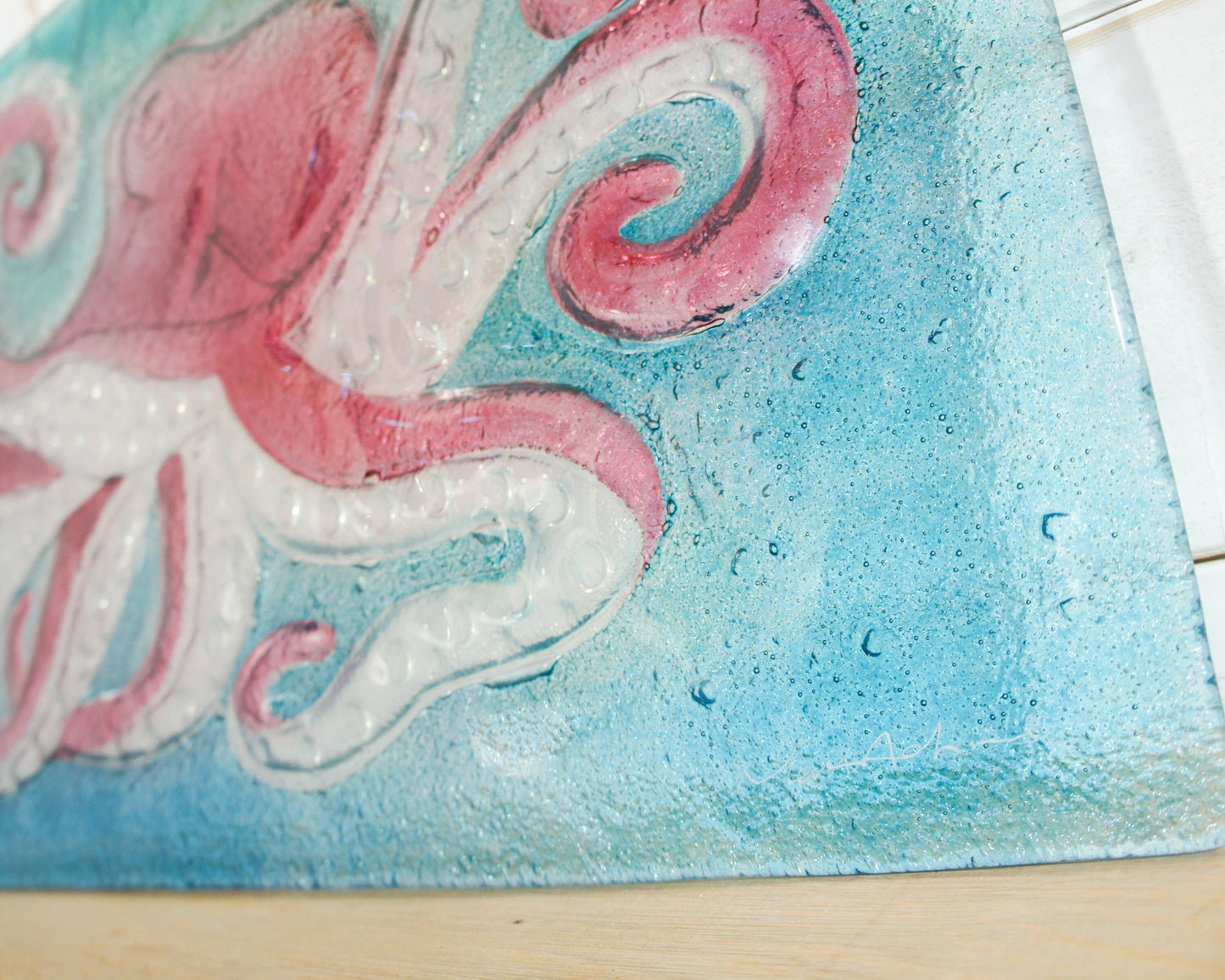 Octopus Glass Art 60x33cm(23 1/2x13")| Cherry dark Pink Clear Turquoise Blue Landscape Octopus Fused Glass Wall Sculpture + Fixings
