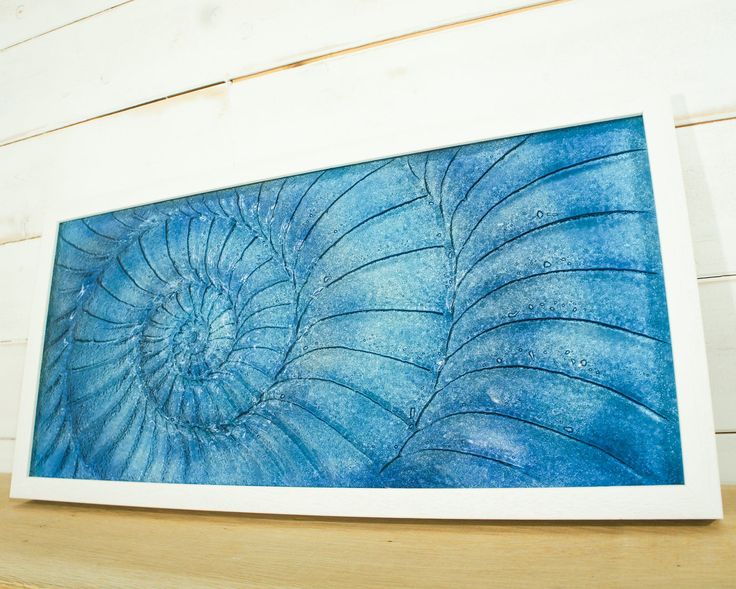 Large Ammonite Frame 60x30cm (23"x12"), Dark Blue & Blue Large Panoramic Glass Wall Art, Landscape Fossil Nautilus Fused Glass