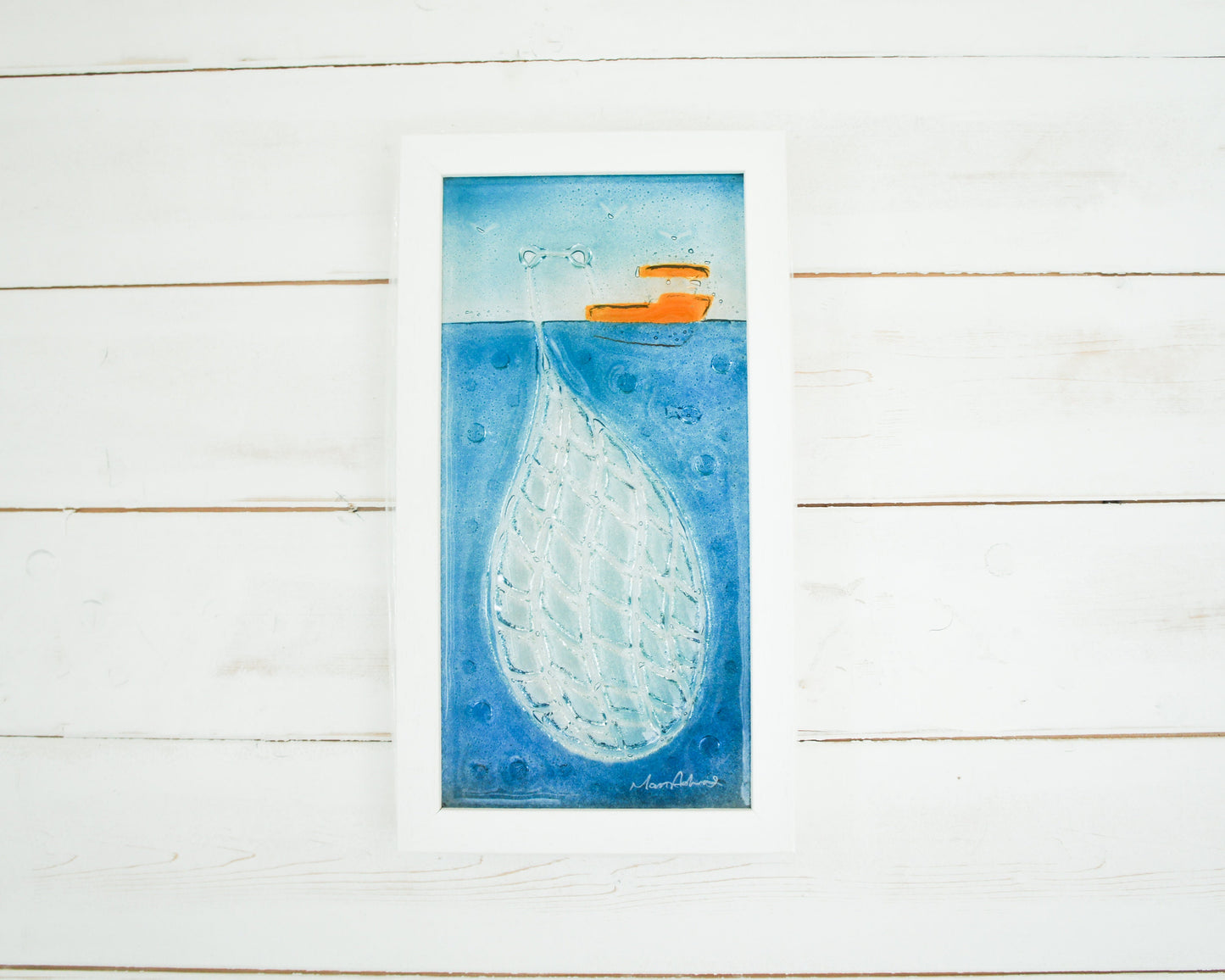 Fishing Net Frame - Fishing Boat Wall Art - Portrait Sea Fused Glass Framed Picture 18cmx34cm (7"x13 3/8") - Coastal Wall Art