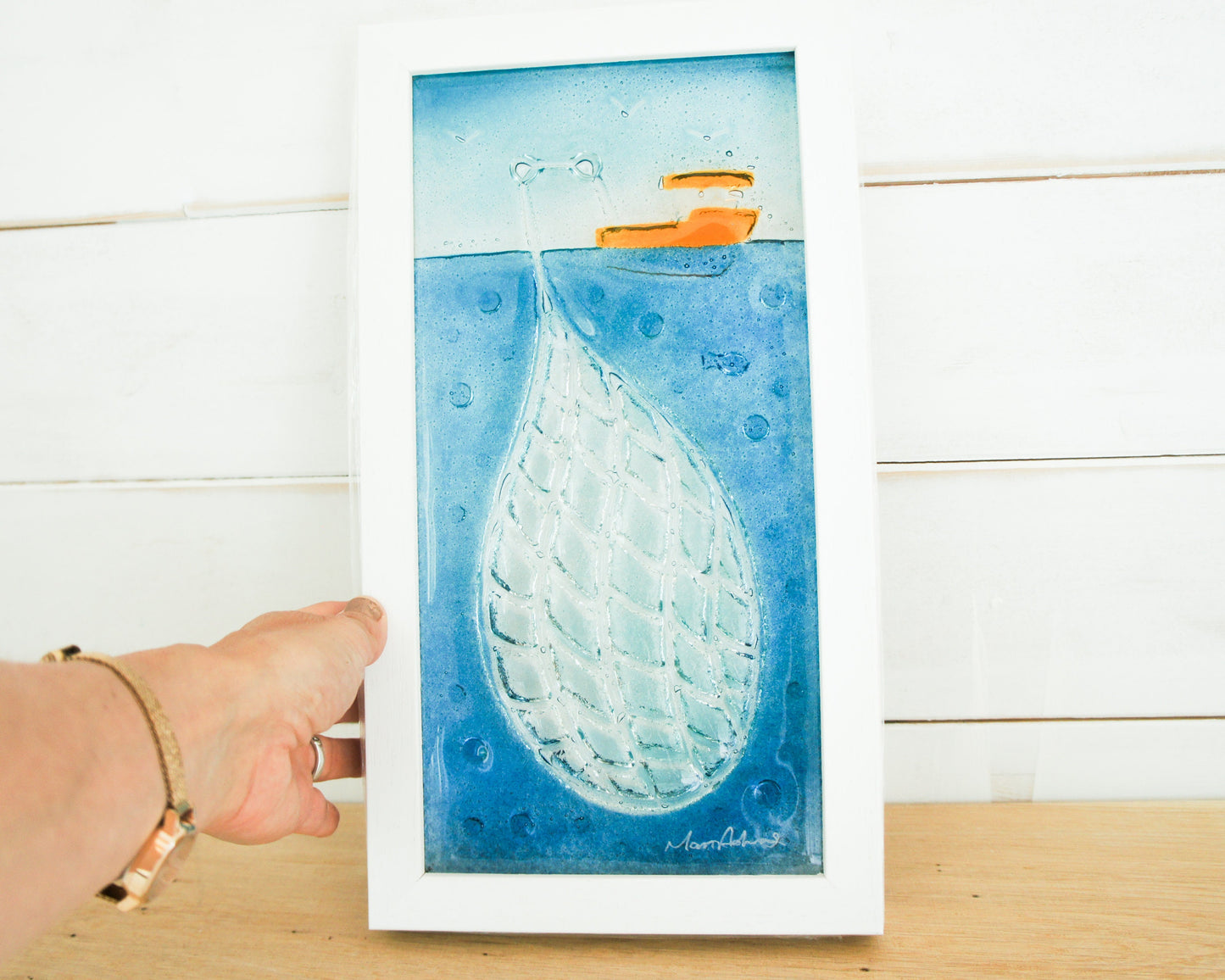 Fishing Net Frame - Fishing Boat Wall Art - Portrait Sea Fused Glass Framed Picture 18cmx34cm (7"x13 3/8") - Coastal Wall Art