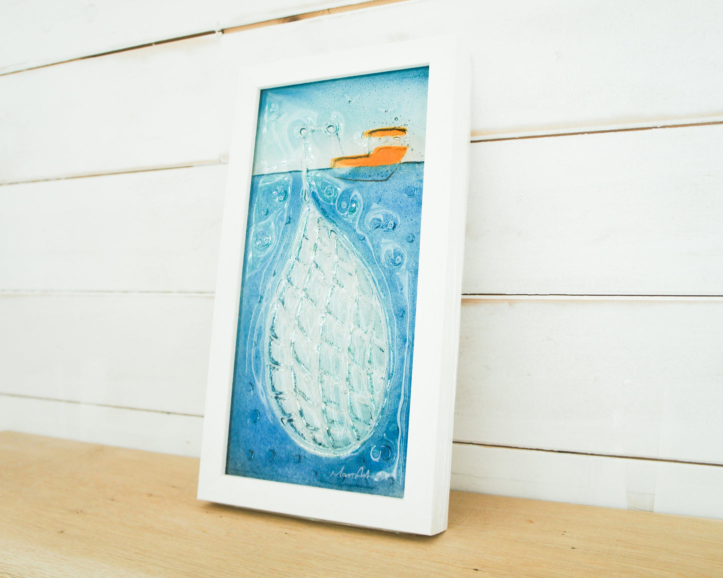 Fishing Net Frame - Fishing Boat Wall Art - Portrait Sea Fused Glass Framed Picture 18cmx34cm (7"x13 3/8") - Coastal Wall Art