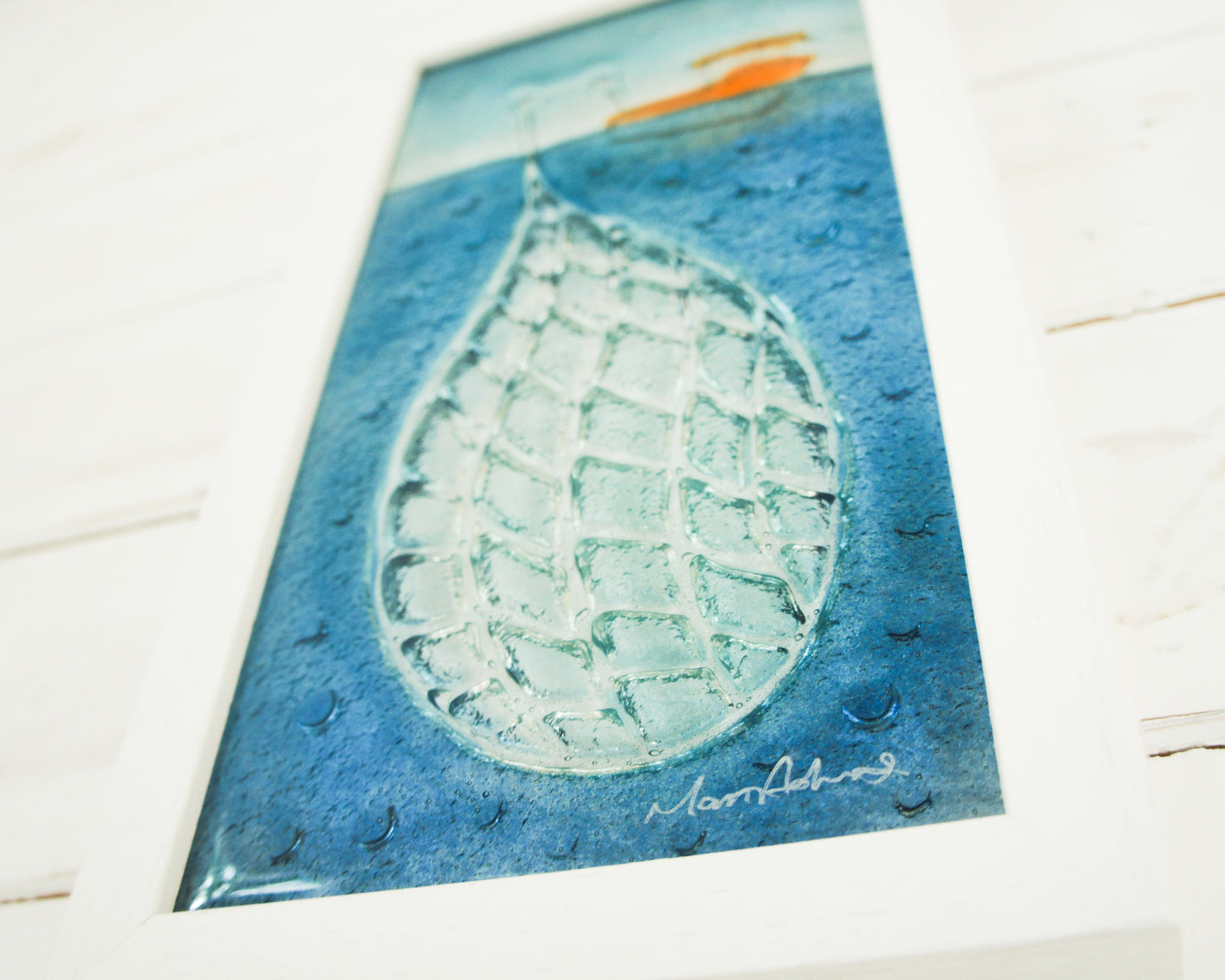 Fishing Net Frame - Fishing Boat Wall Art - Portrait Sea Fused Glass Framed Picture 18cmx34cm (7"x13 3/8") - Coastal Wall Art