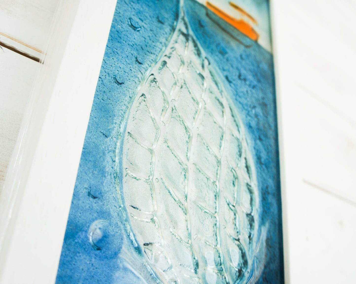 Fishing Net Frame - Fishing Boat Wall Art - Portrait Sea Fused Glass Framed Picture 18cmx34cm (7"x13 3/8") - Coastal Wall Art