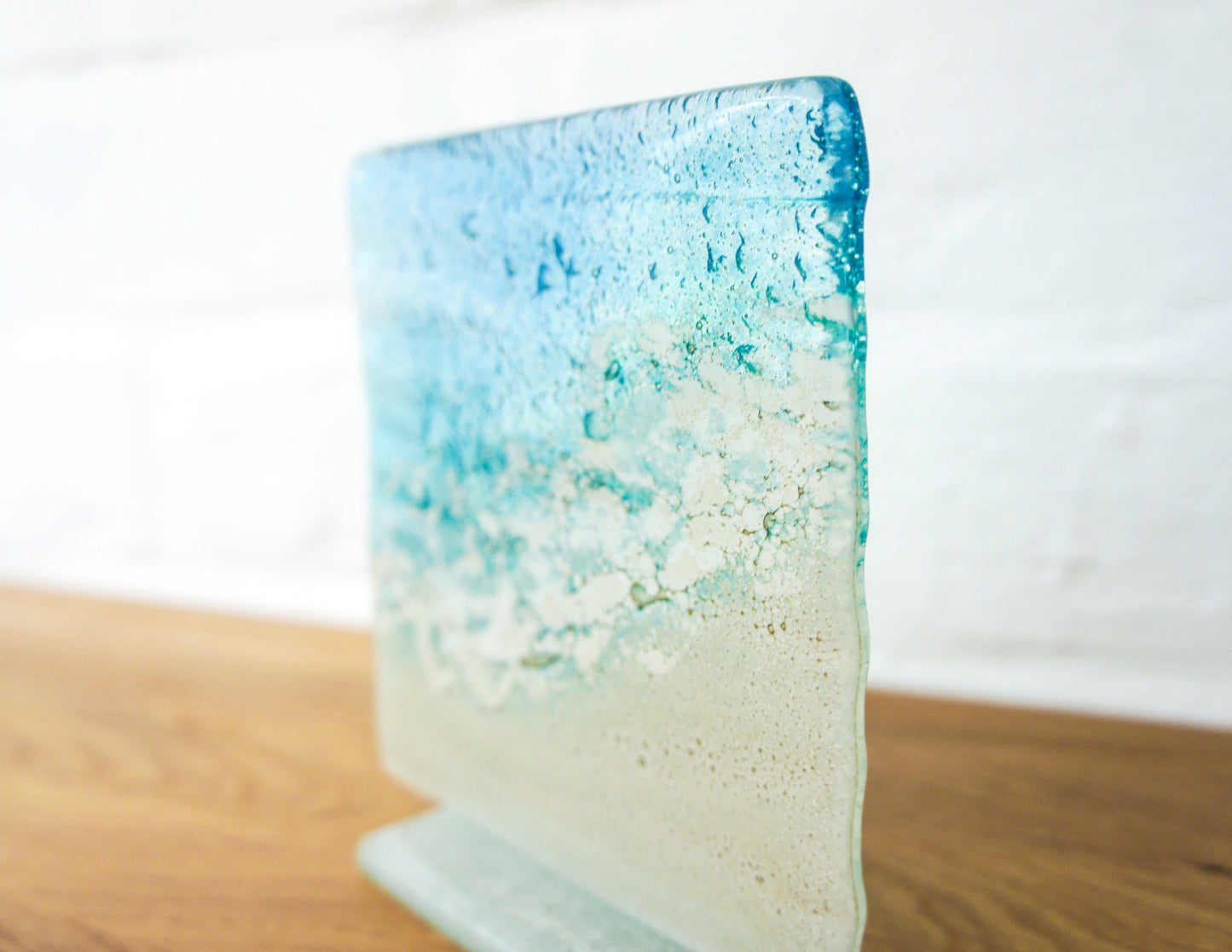Beach Glass Art 12cm(5"), Fused Glass Art Freestanding Panel glued on one foot, Paradise Model 1, Beach Suncatcher, Sea Glass Art