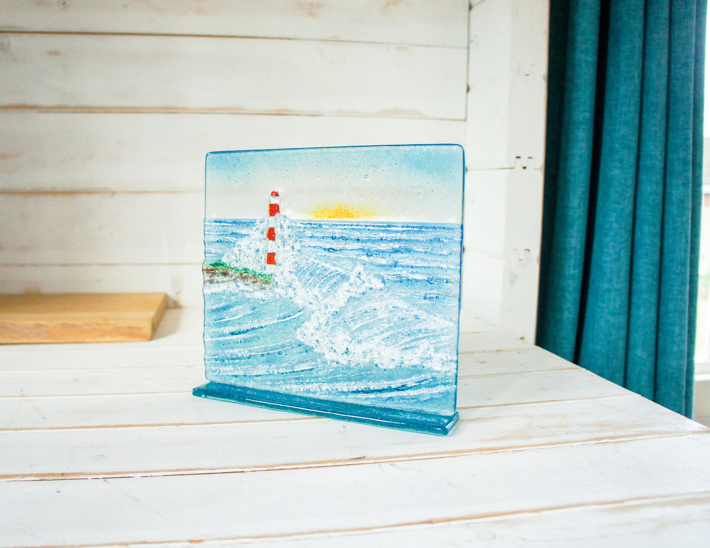 lighthouse suncatcher, glass art, wave art, lighthouse art, crashing wave