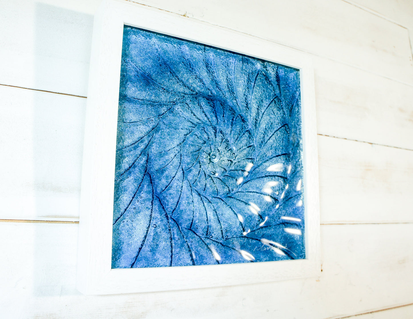Ammonite Frame 25x25cm (10"x10"), Midnight Blue Ammonite Glass Framed Picture, Fossil Nautilus Seashell Coastal Wall Art, dark blue art