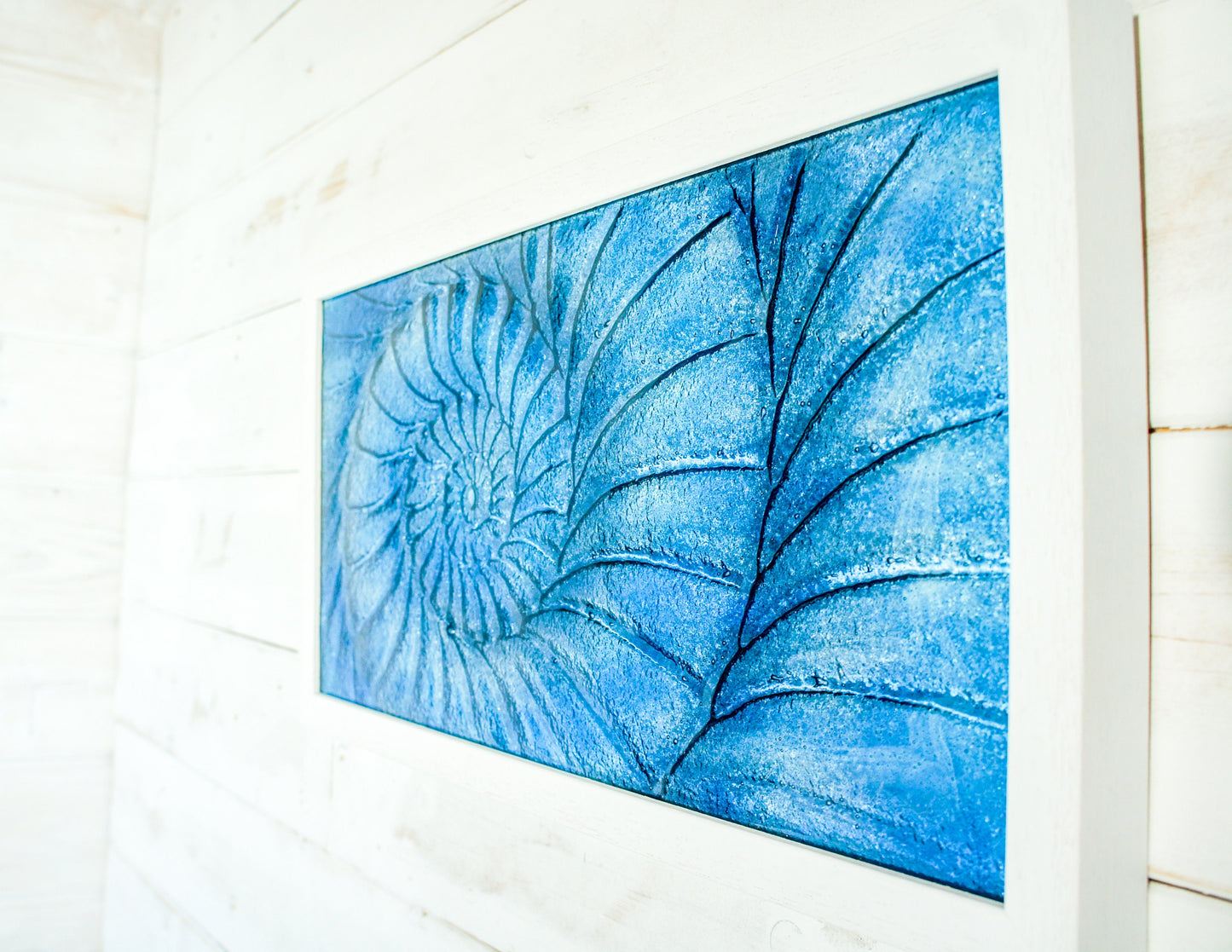 Glass Ammonite Frame 45x25cm (17x10"), Dark Blue Landscape Frame Wall Art, Ammonite Fossil Nautilus, Shell Picture