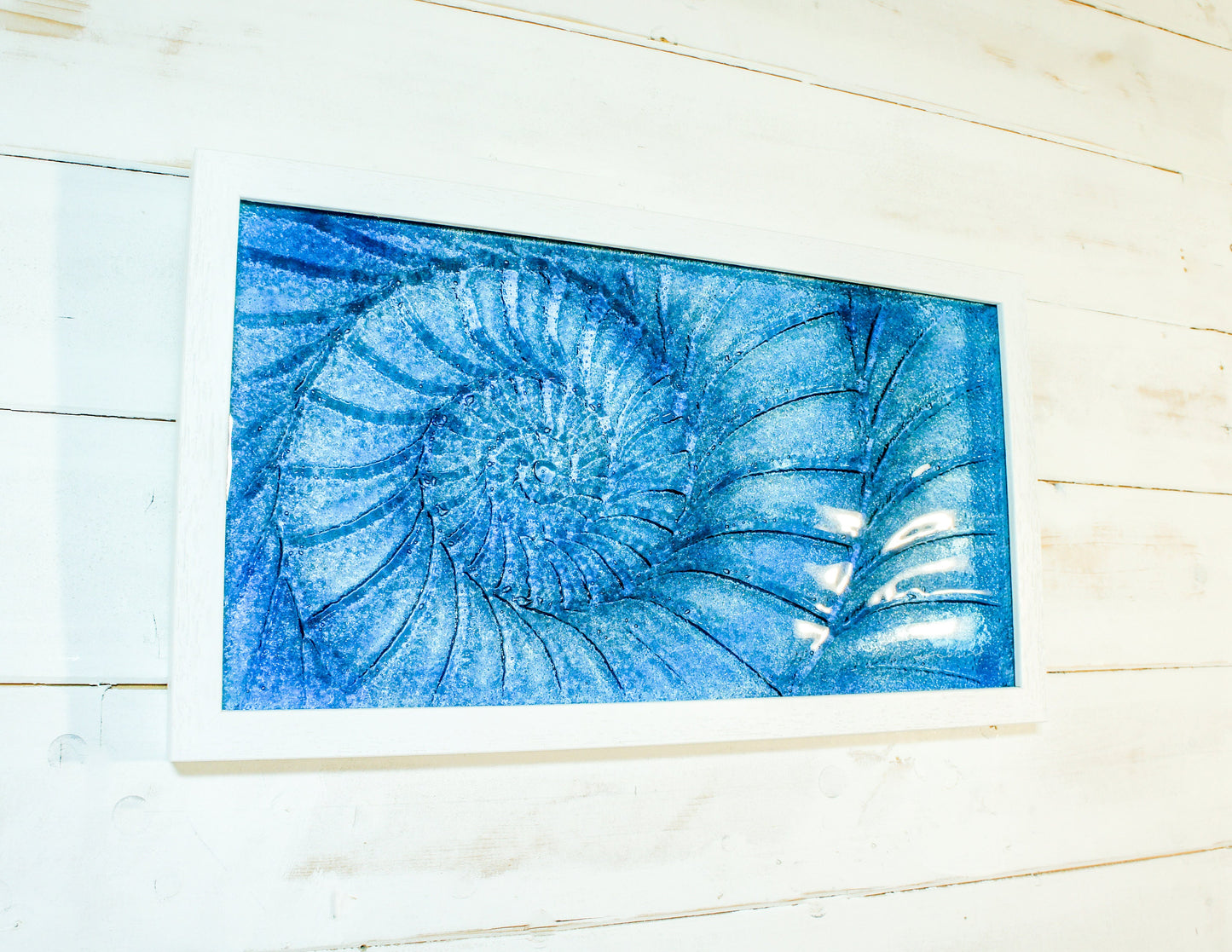 Glass Ammonite Frame 45x25cm (17x10"), Dark Blue Landscape Frame Wall Art, Ammonite Fossil Nautilus, Shell Picture