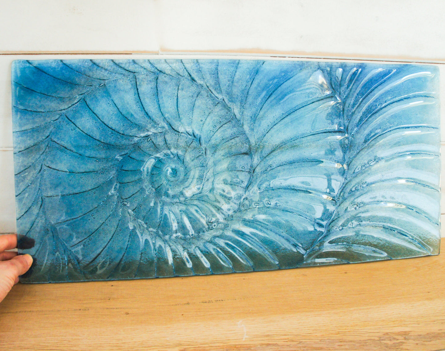 Large Ammonite Wall Art 56x26cm (22x10"), Blue Swirl Landscape Fossil Fused Glass Wall Abstract Art, Nautilus Picture, bathroom decor