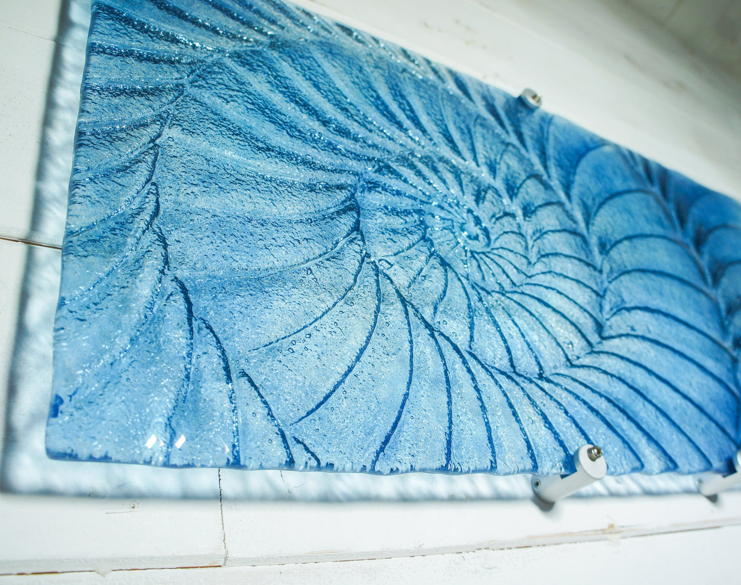 Large Ammonite Wall Art 56x26cm (22x10"), Blue Swirl Landscape Fossil Fused Glass Wall Abstract Art, Nautilus Picture, bathroom decor