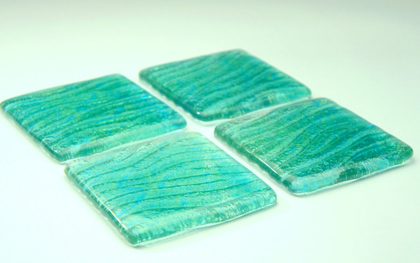 4 Turquoise Seabed Fused Glass Coasters, Set of 4 Coasters, green glass coasters, seaside gifts, sage green decor, sea glass art,