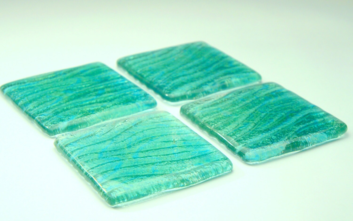 4 Turquoise Seabed Fused Glass Coasters, Set of 4 Coasters, green glass coasters, seaside gifts, sage green decor, sea glass art,