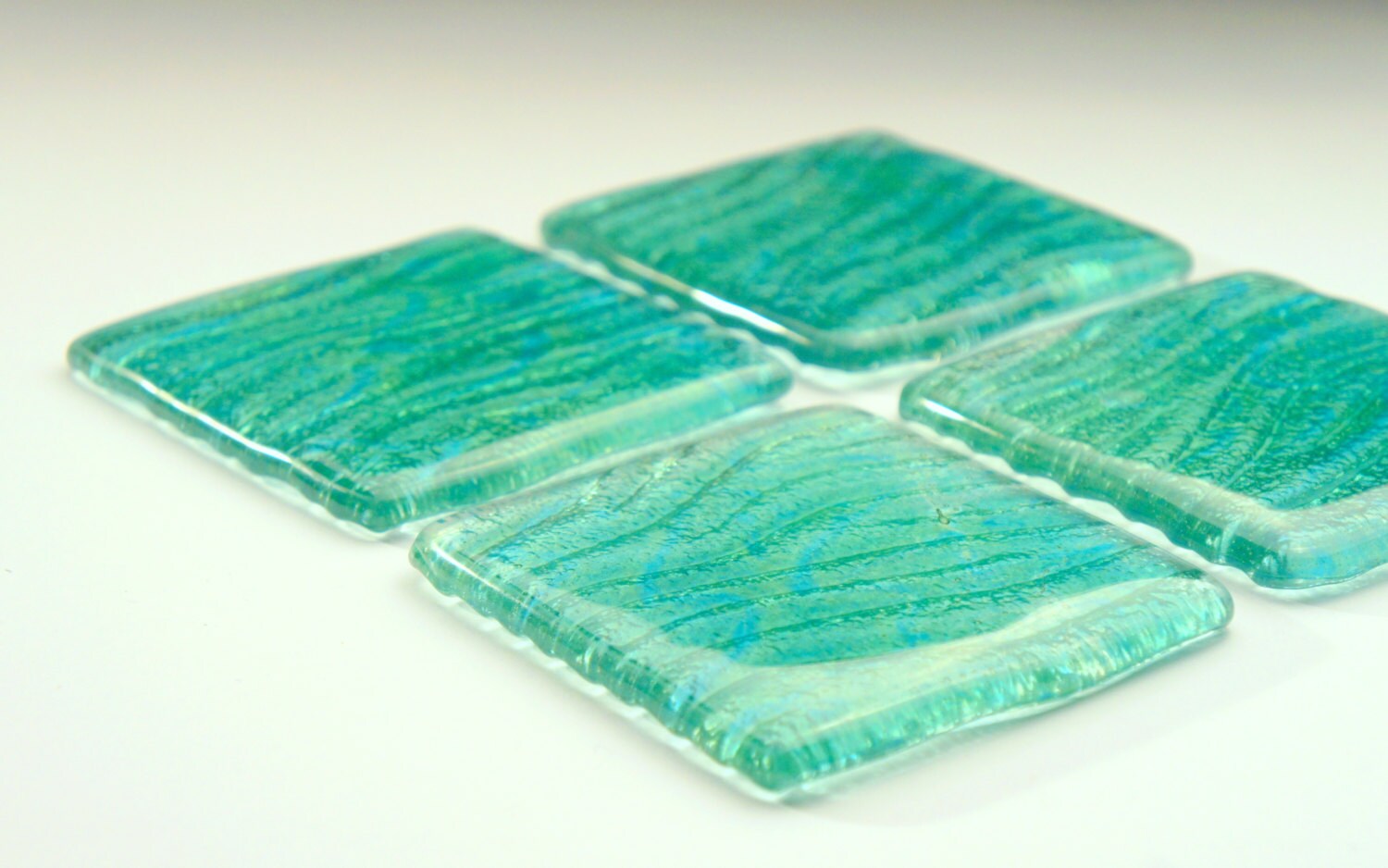 4 Turquoise Seabed Fused Glass Coasters, Set of 4 Coasters, green glass coasters, seaside gifts, sage green decor, sea glass art,