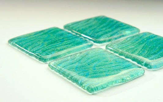 4 Turquoise Seabed Fused Glass Coasters, Set of 4 Coasters, green glass coasters, seaside gifts, sage green decor, sea glass art,