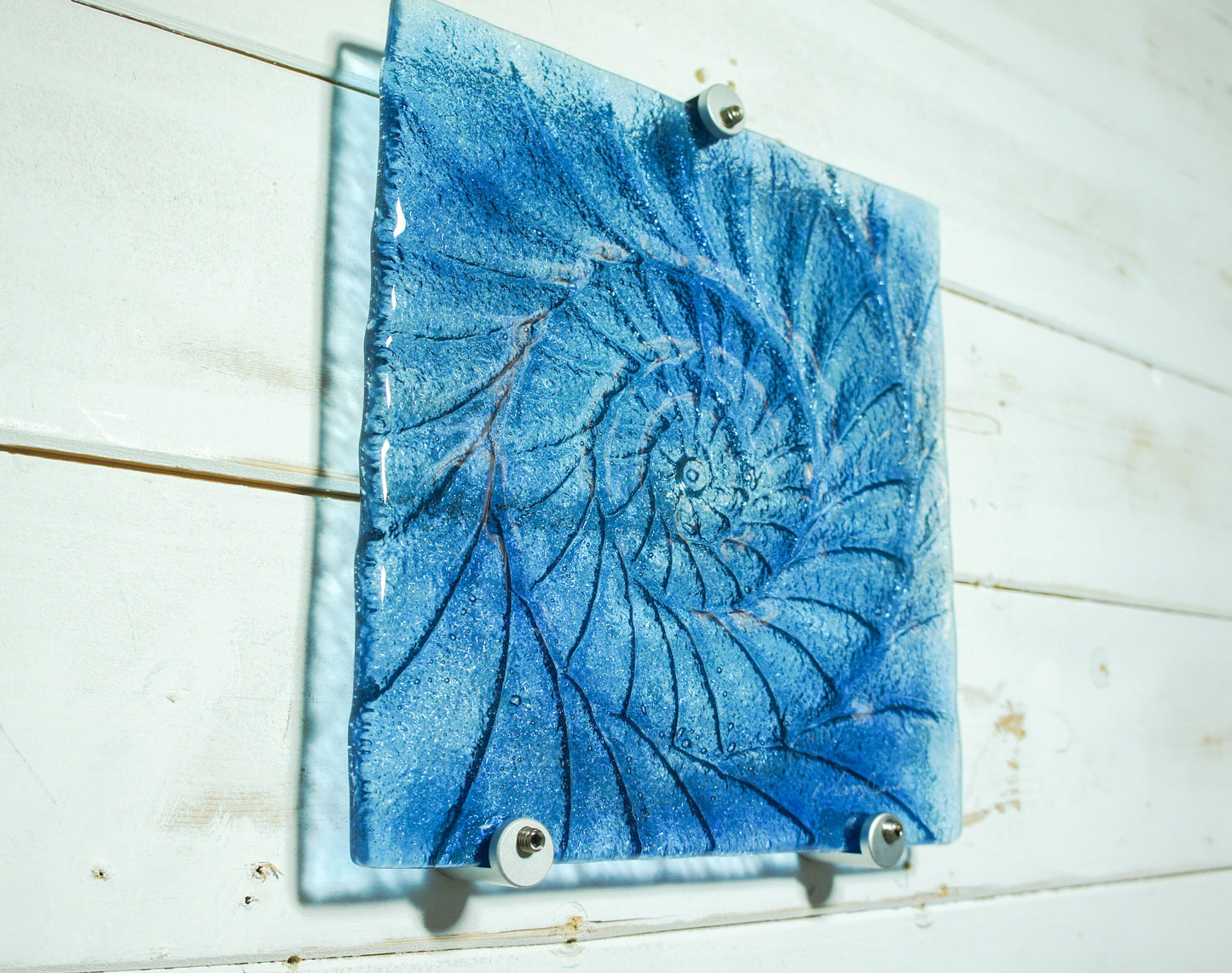 Glass Ammonite 22x22cm(9x9"), Dark Blue Ammonite Glass Wall Panel with 3 fixings, Shell Sculpture Wall Art, Fossil Nautilus Glass Art