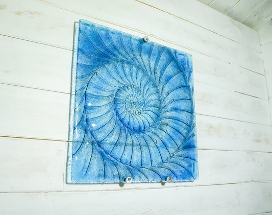 Large Ammonite Glass Art 40cm(16"), Dark Blue Square Ammonite Glass Wall Sculpture, Coastal Fused Glass, Fossil Nautilus Seashell Art