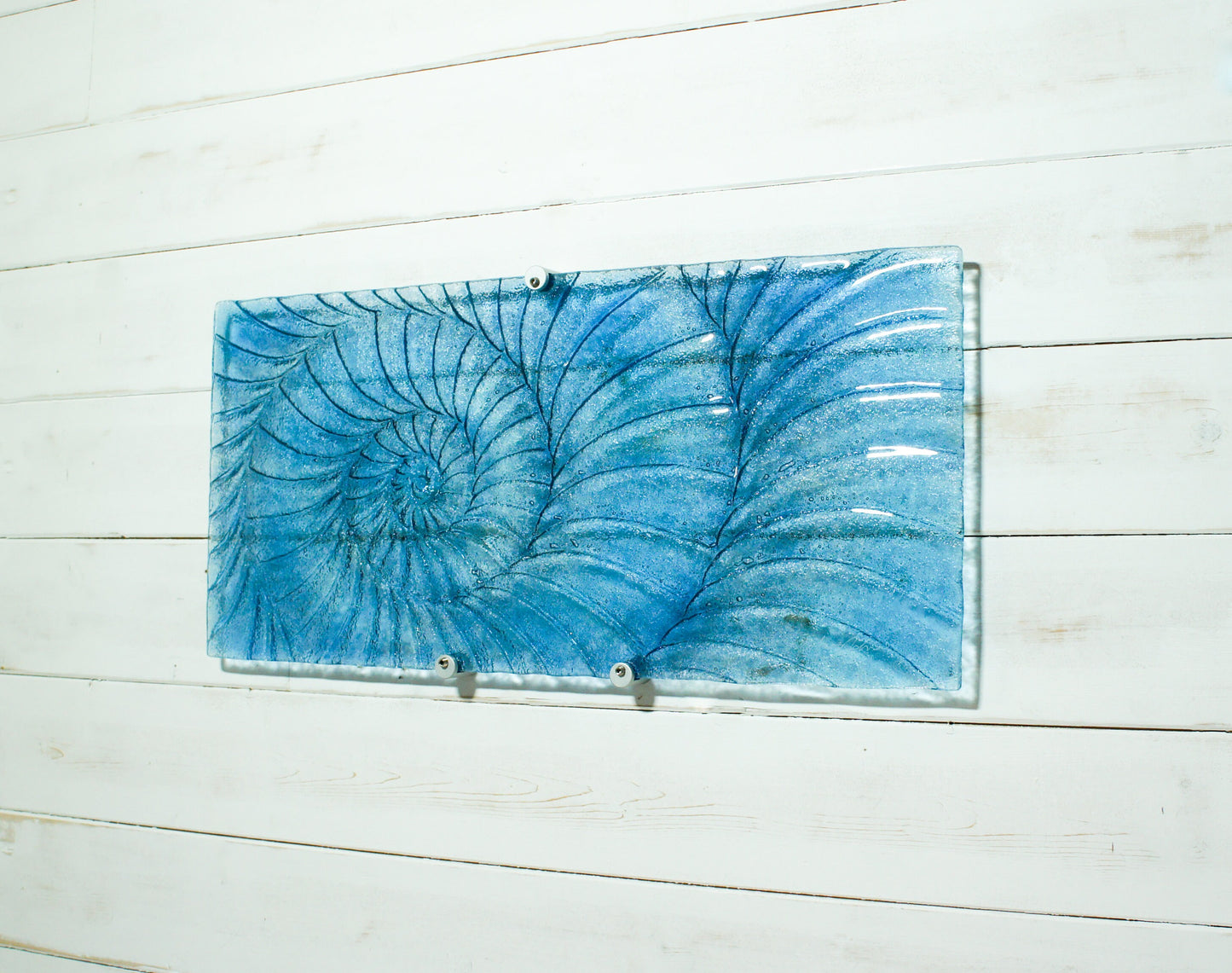Large Ammonite Wall Art 56x26cm (22x10"), Blue Swirl Landscape Fossil Fused Glass Wall Abstract Art, Nautilus Picture, bathroom decor