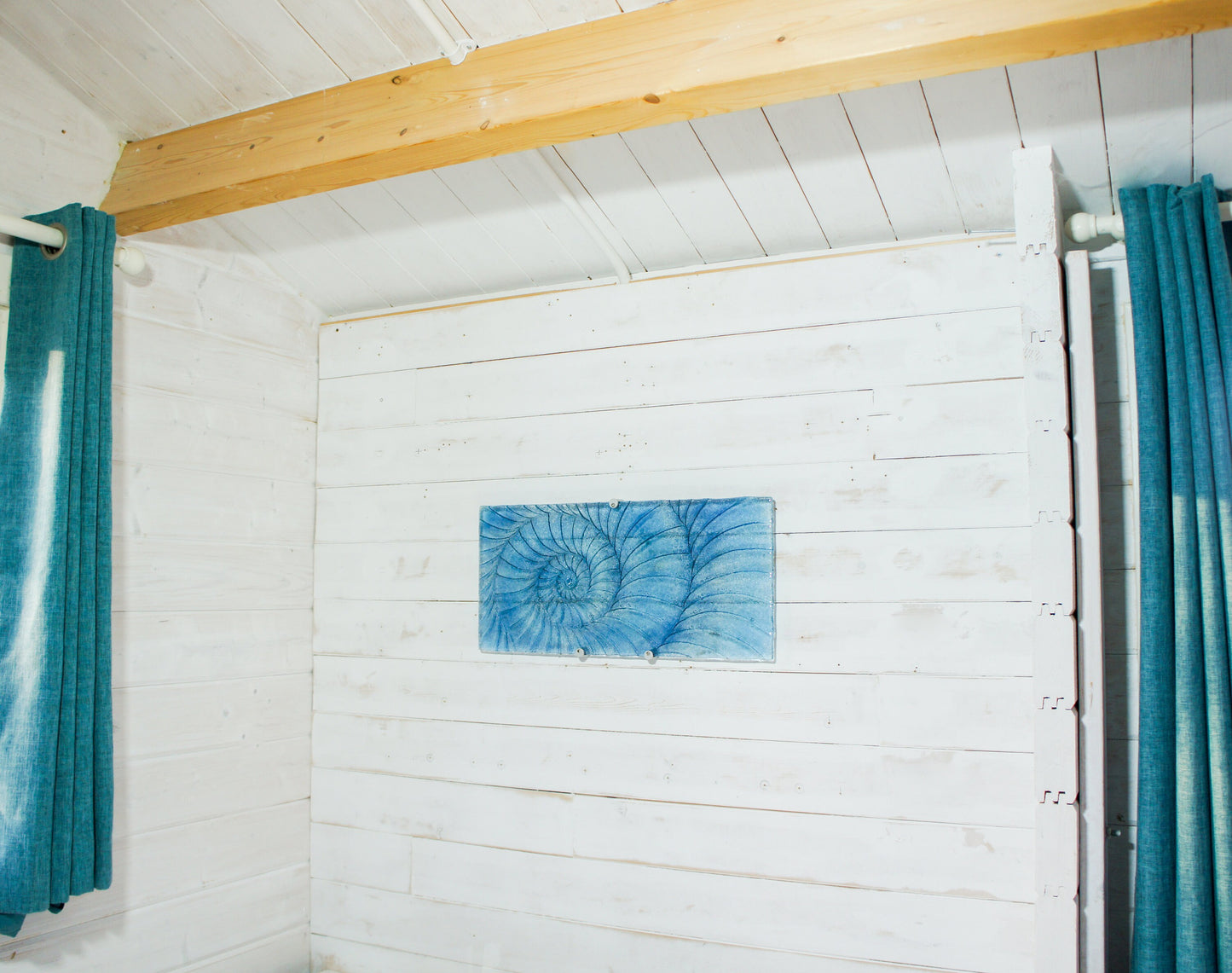 Large Ammonite Wall Art 56x26cm (22x10"), Blue Swirl Landscape Fossil Fused Glass Wall Abstract Art, Nautilus Picture, bathroom decor