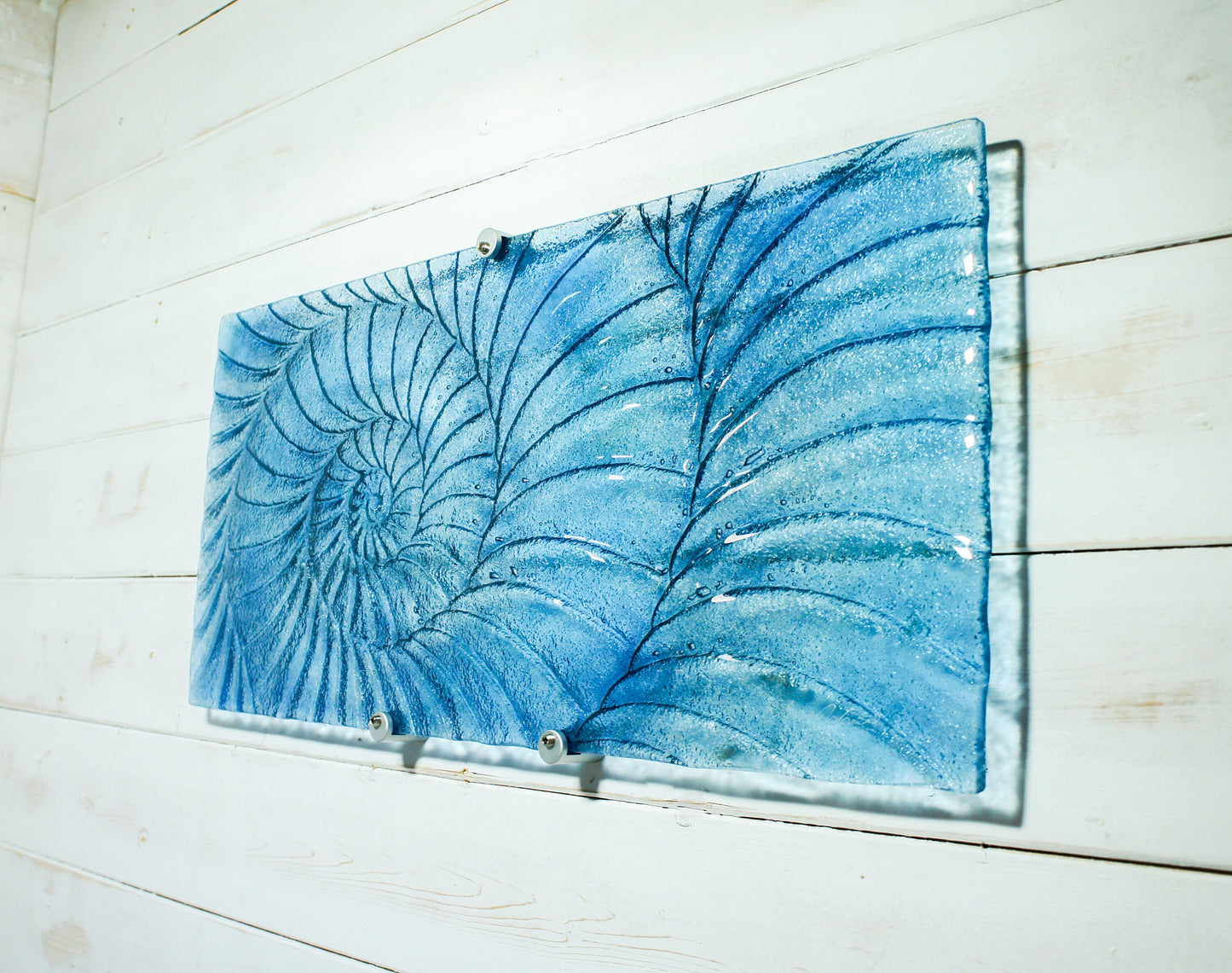 Large Ammonite Wall Art 56x26cm (22x10"), Blue Swirl Landscape Fossil Fused Glass Wall Abstract Art, Nautilus Picture, bathroom decor