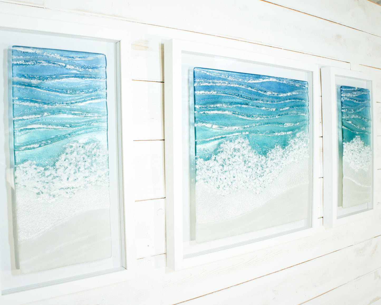 Triptych Wave Frames including 2 at 25cmx45cm(10x17") + 1 at 45x45cm(17x17"), 3 Toe Tickling Tide Large Frames