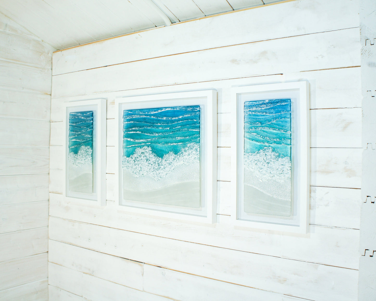 Triptych Wave Frames including 2 at 25cmx45cm(10x17") + 1 at 45x45cm(17x17"), 3 Toe Tickling Tide Large Frames