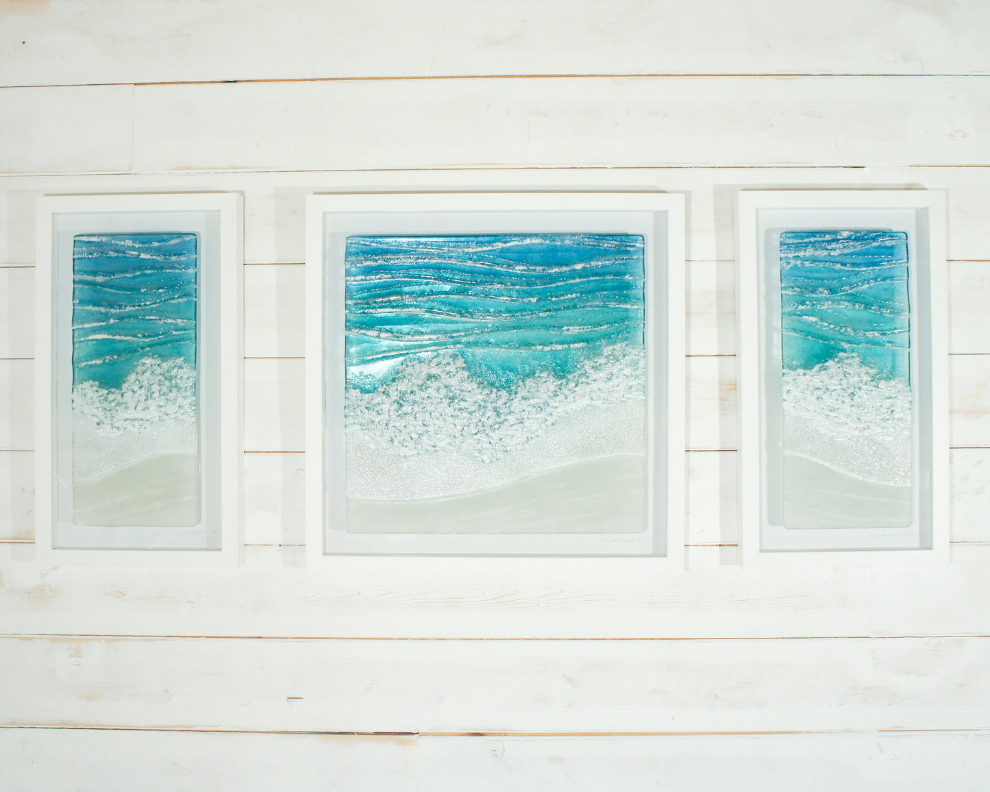 Triptych Wave Frames including 2 at 25cmx45cm(10x17") + 1 at 45x45cm(17x17"), 3 Toe Tickling Tide Large Frames