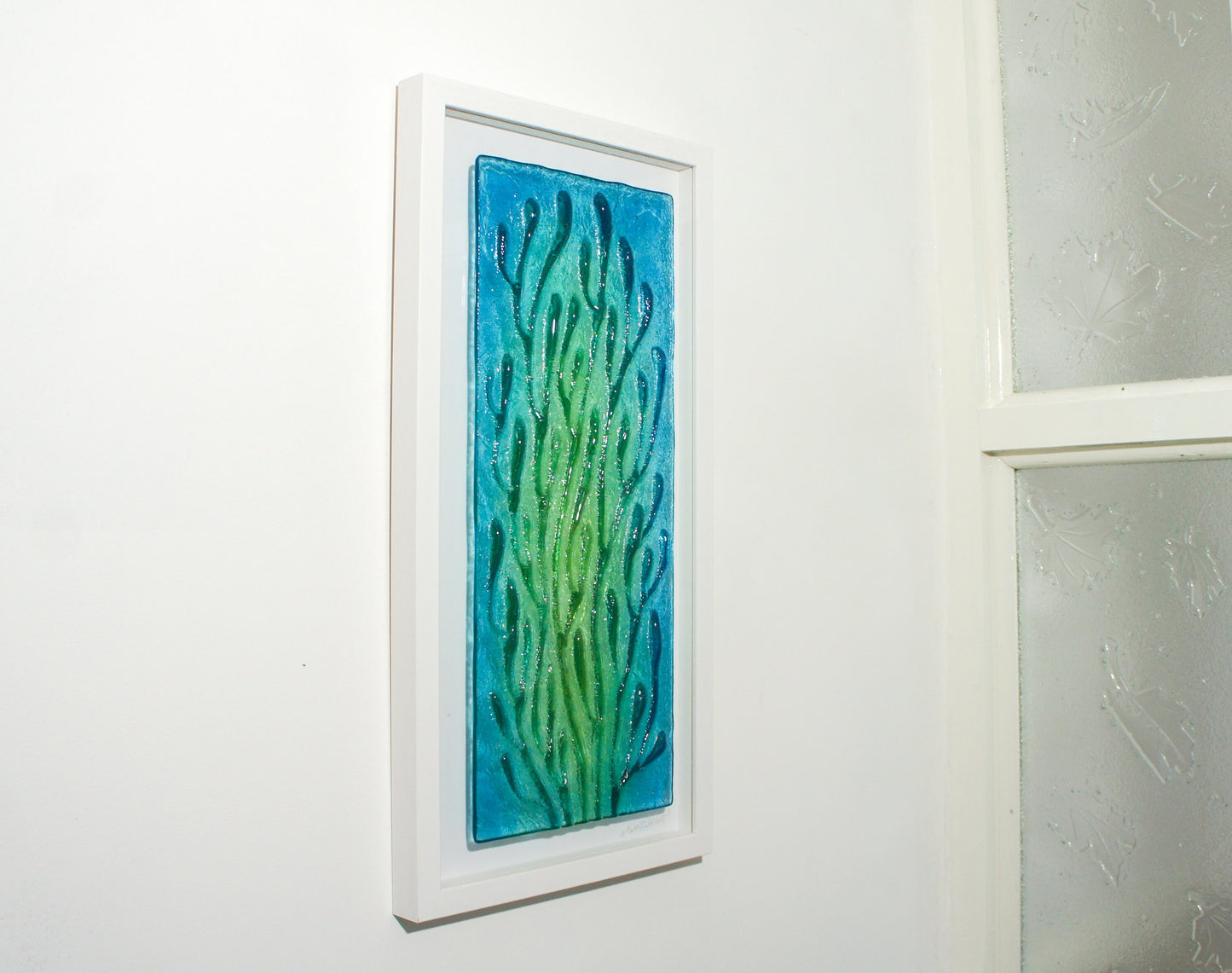 coral frame, portrait wall art, coral green glass art
