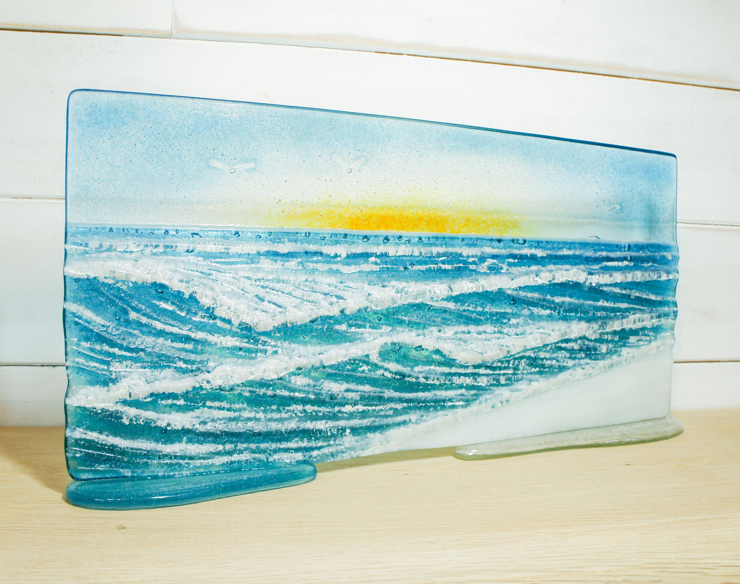 Wave Glass Art Suncatcher 40x20cm(16x8"), Fused Glass Ocean, Wave Panel D2, Fused Glass Sea Art, Wave Suncatcher, Sea Glass Sculpture