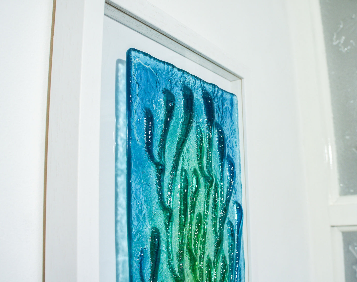 coral frame, portrait wall art, coral green glass art