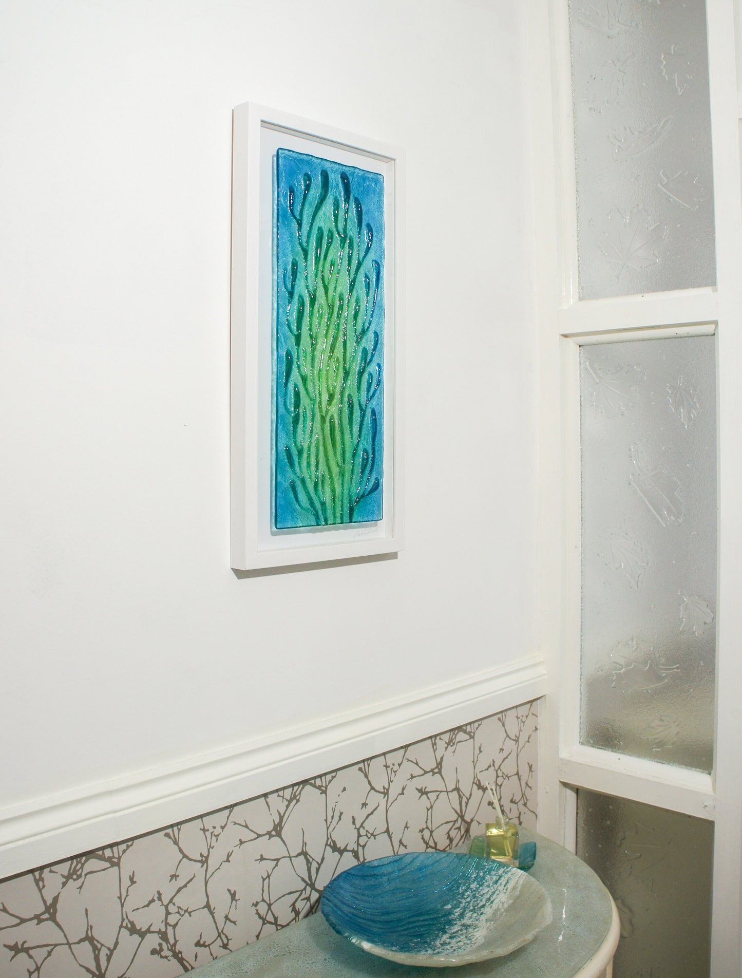 coral frame, portrait wall art, coral green glass art
