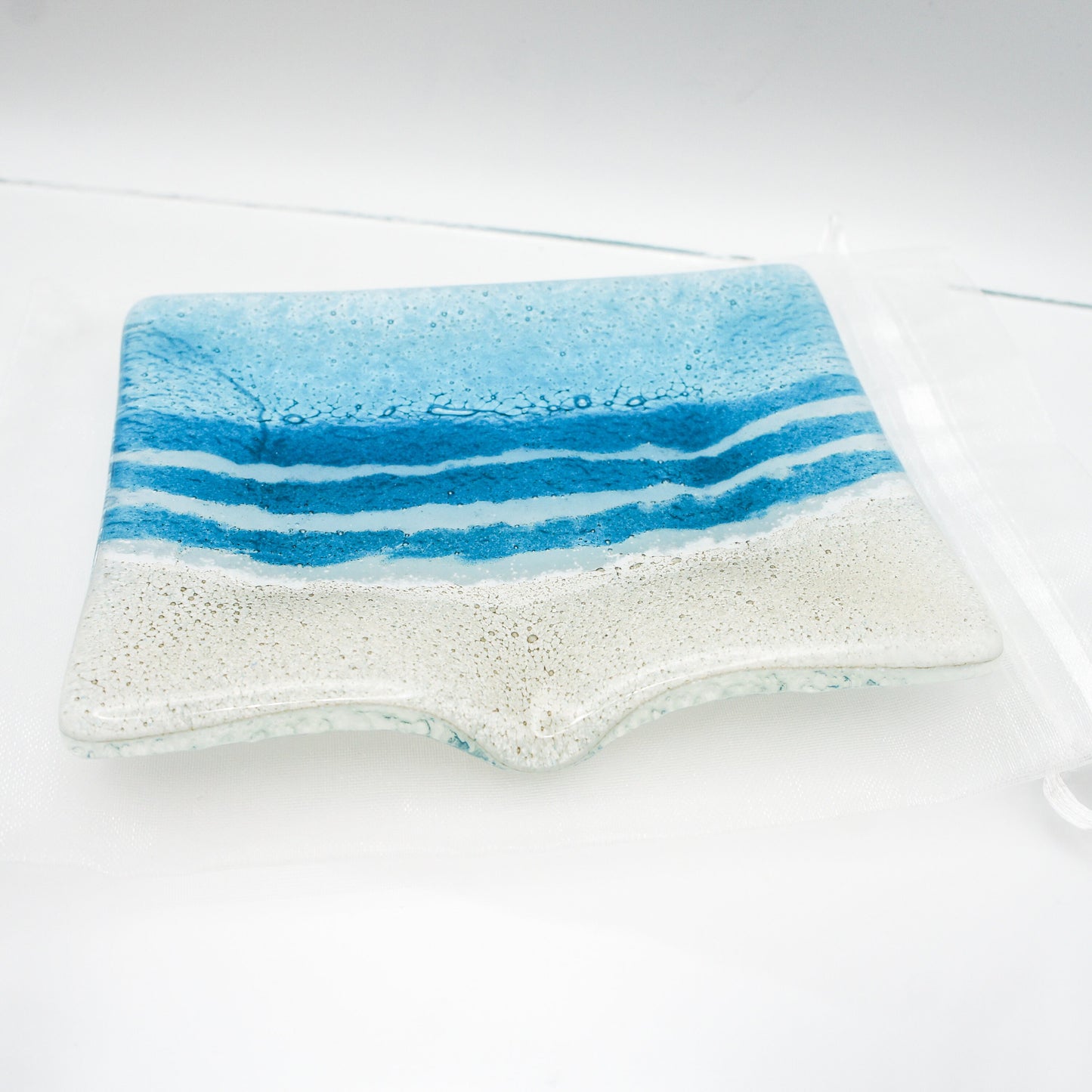Fused Glass	Soap Dish	sea glass	soap dispenser	soapdish with drain	seaside ornament	hostess gift	trinket tray	bathroom accessories	handmade soap tray	bar soap holder	trinket dish	turuquoise aqua blue