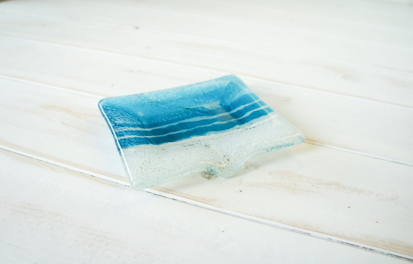 Fused Glass	Soap Dish	sea glass	soap dispenser	soapdish with drain	seaside ornament	hostess gift	trinket tray	bathroom accessories	handmade soap tray	bar soap holder	trinket dish	turuquoise aqua blue