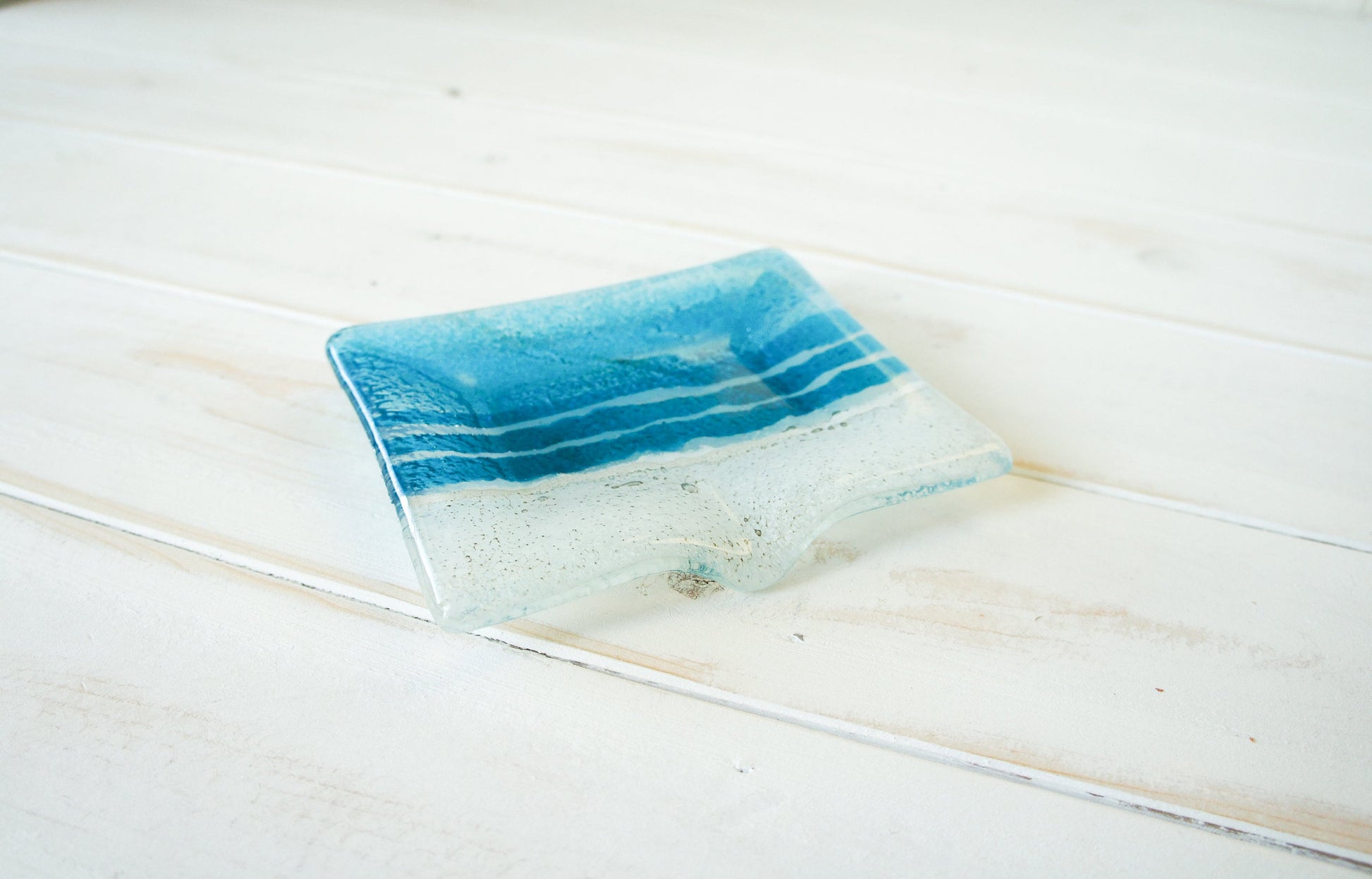 Fused Glass	Soap Dish	sea glass	soap dispenser	soapdish with drain	seaside ornament	hostess gift	trinket tray	bathroom accessories	handmade soap tray	bar soap holder	trinket dish	turuquoise aqua blue