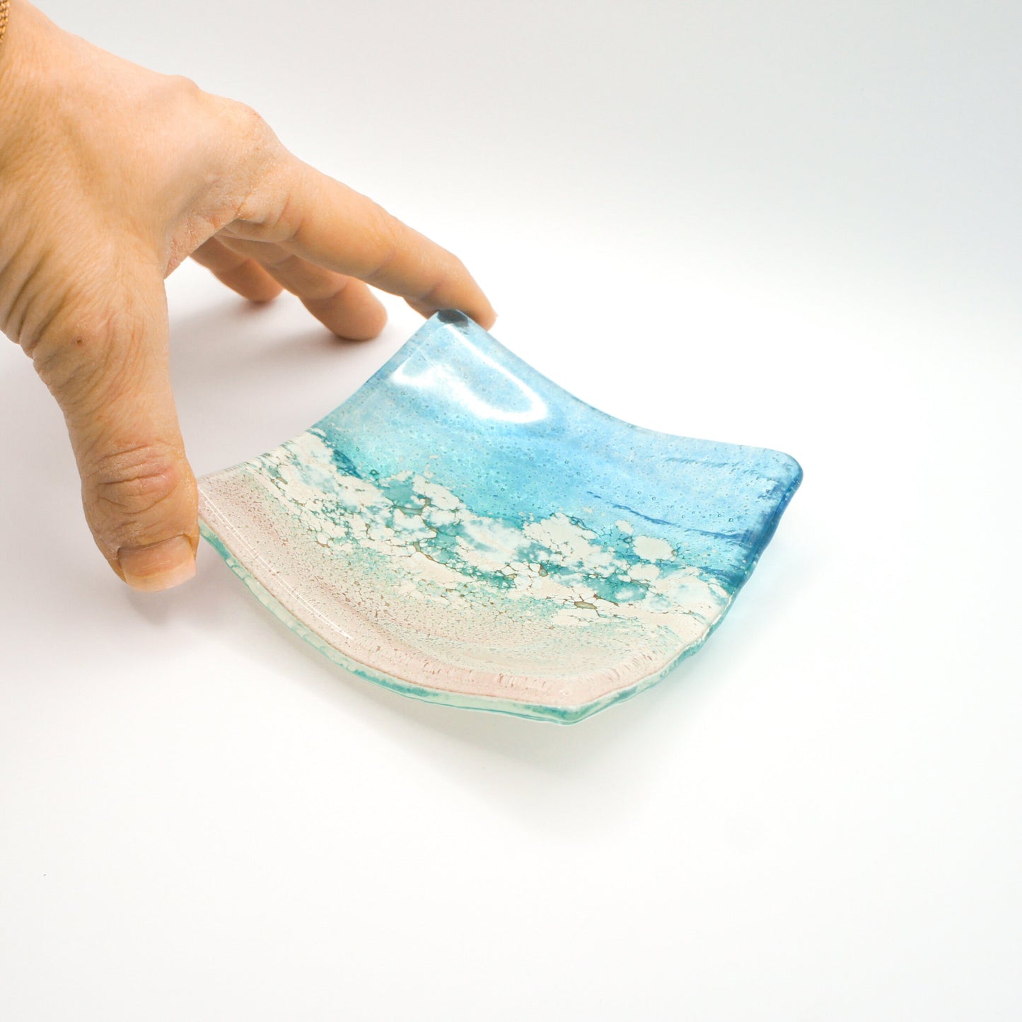 Sea Turquoise Blue handmade Ring Dish 10cm, fused glass trinket, coastal ring dish, fossil handmade dish, teal dish, seabed dish, ring holder, turquoise dish, coastal dish