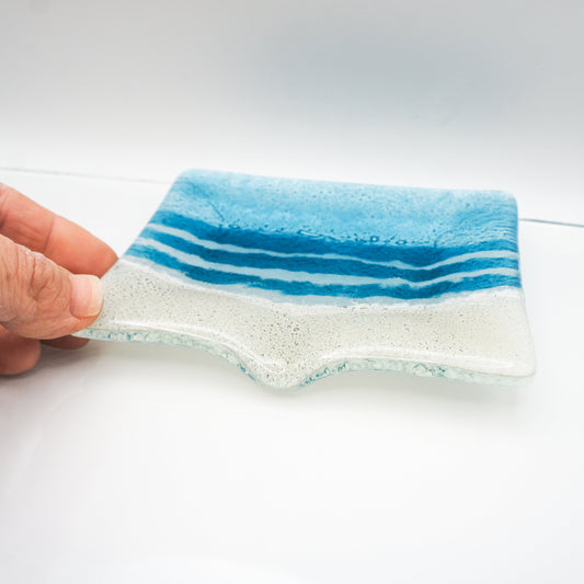 Fused Glass	Soap Dish	sea glass	soap dispenser	soapdish with drain	seaside ornament	hostess gift	trinket tray	bathroom accessories	handmade soap tray	bar soap holder	trinket dish	turuquoise aqua blue